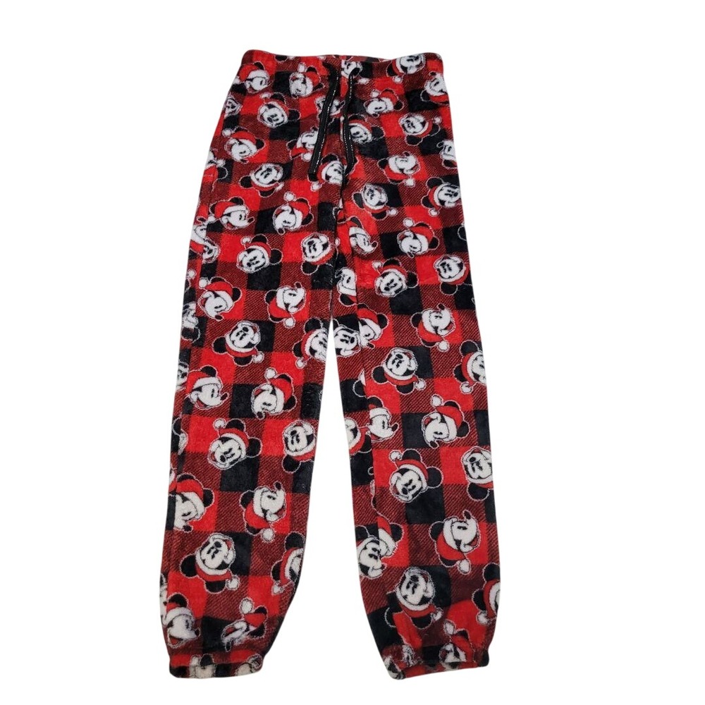 Disney Mickey Mouse Plaid Fleece Fuzzy Pajama Pants‎ Size S Red Black Santa Hat